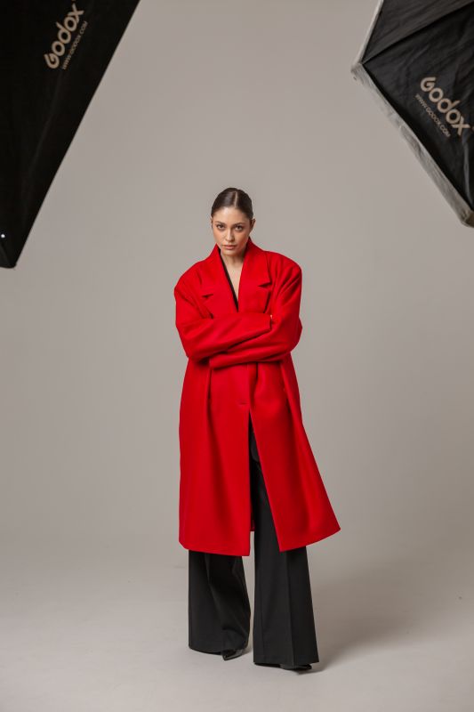 Шерстяное прямое пальто (Красный)